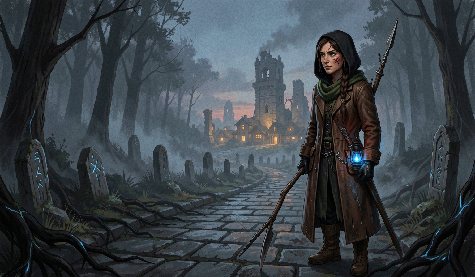 A hooded frontier scout carries a blue-flame lantern along a rune-lined forest road toward a settlement and ruined tower.