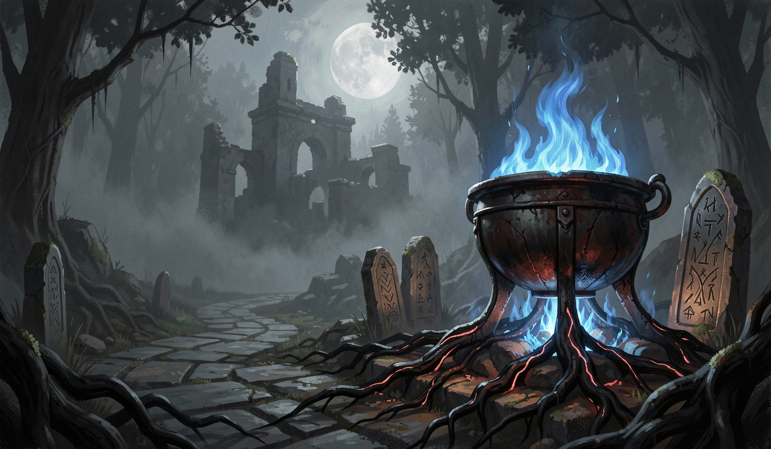 A large iron brazier burns with blue Ash flame while black roots coil through a moonlit ruin and rune stones.