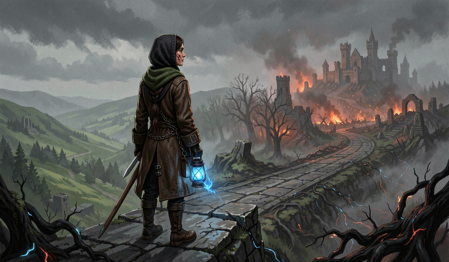 A lone hooded traveler with a blue lantern looks from a green valley toward a burning, Veil-scarred fortress.