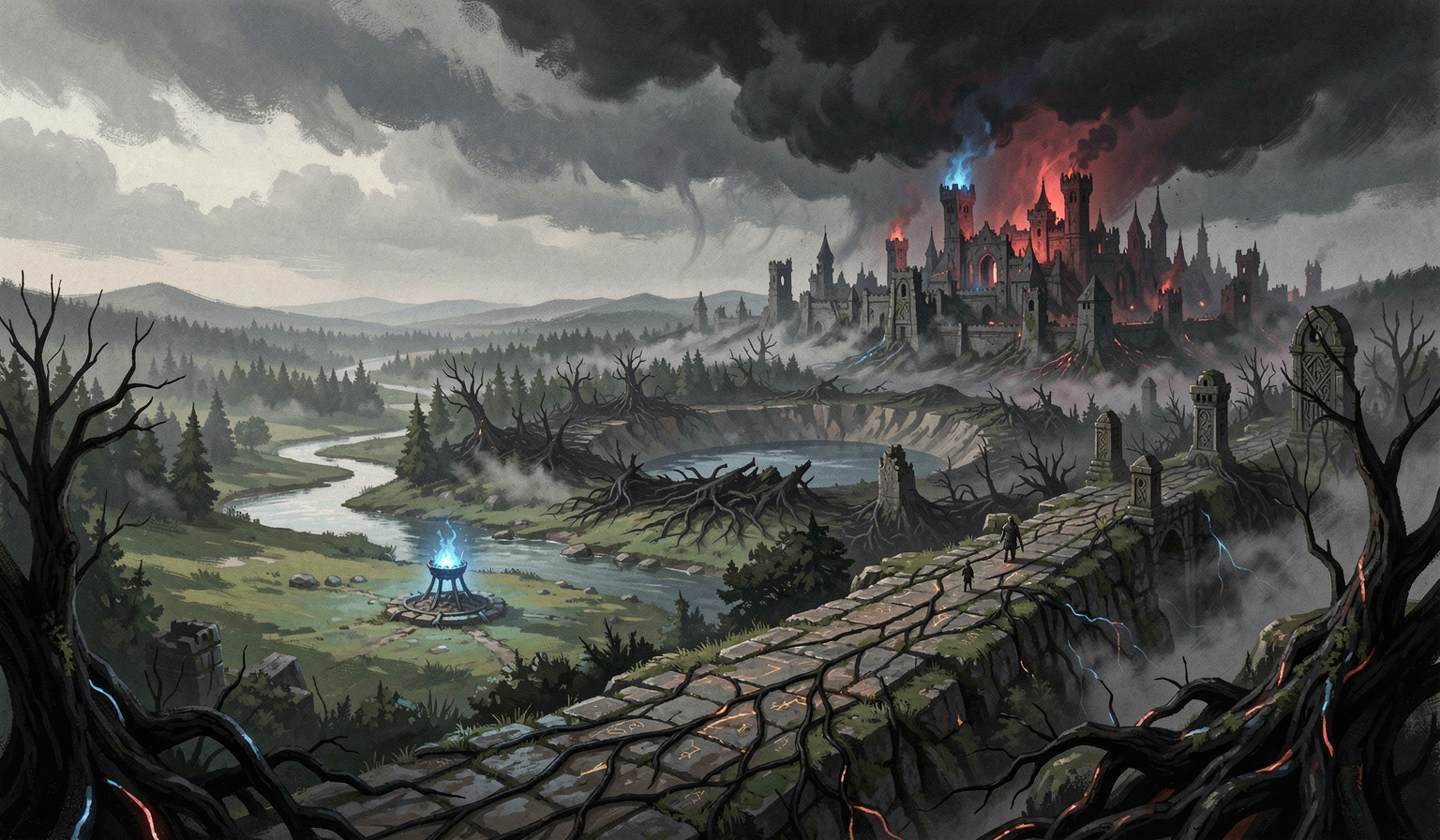 Two travelers cross an ancient stone bridge between a green river valley and a corrupted fortress burning beneath black clouds.